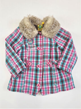 Y2K lightweight coat Gagou Tagou, faux‑fur collar, pink green plaid, 24m